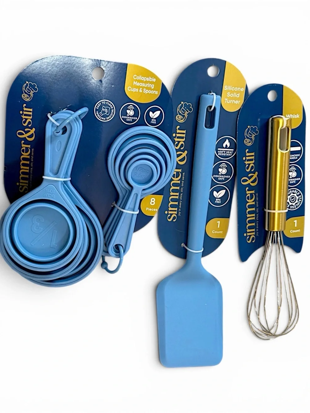 New Kitchen Essentials - Blue Silicone Measuring Cups, Spoons Whisk & Spatula